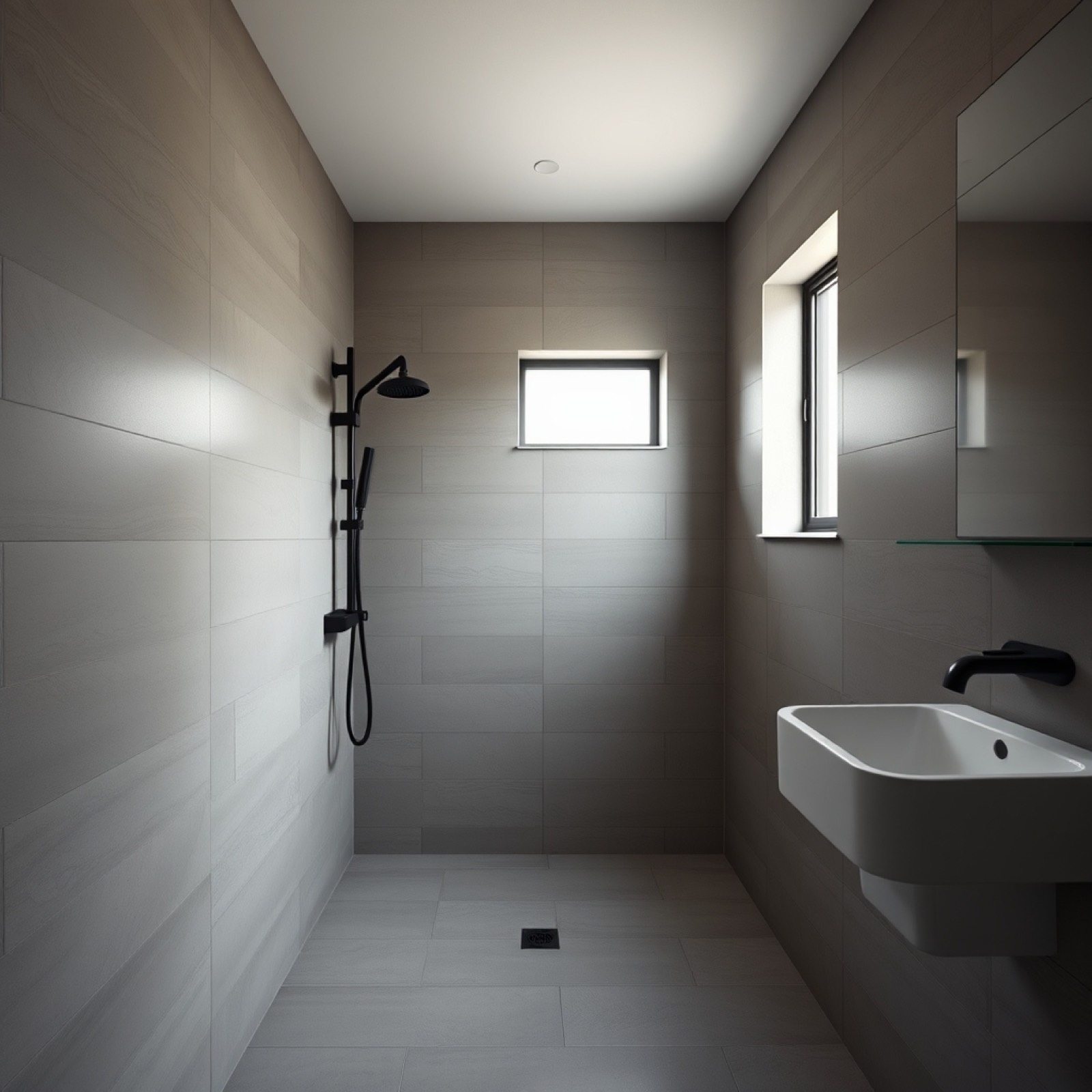 Badkamer met groot formaat tegelwerk en inloopdouche.