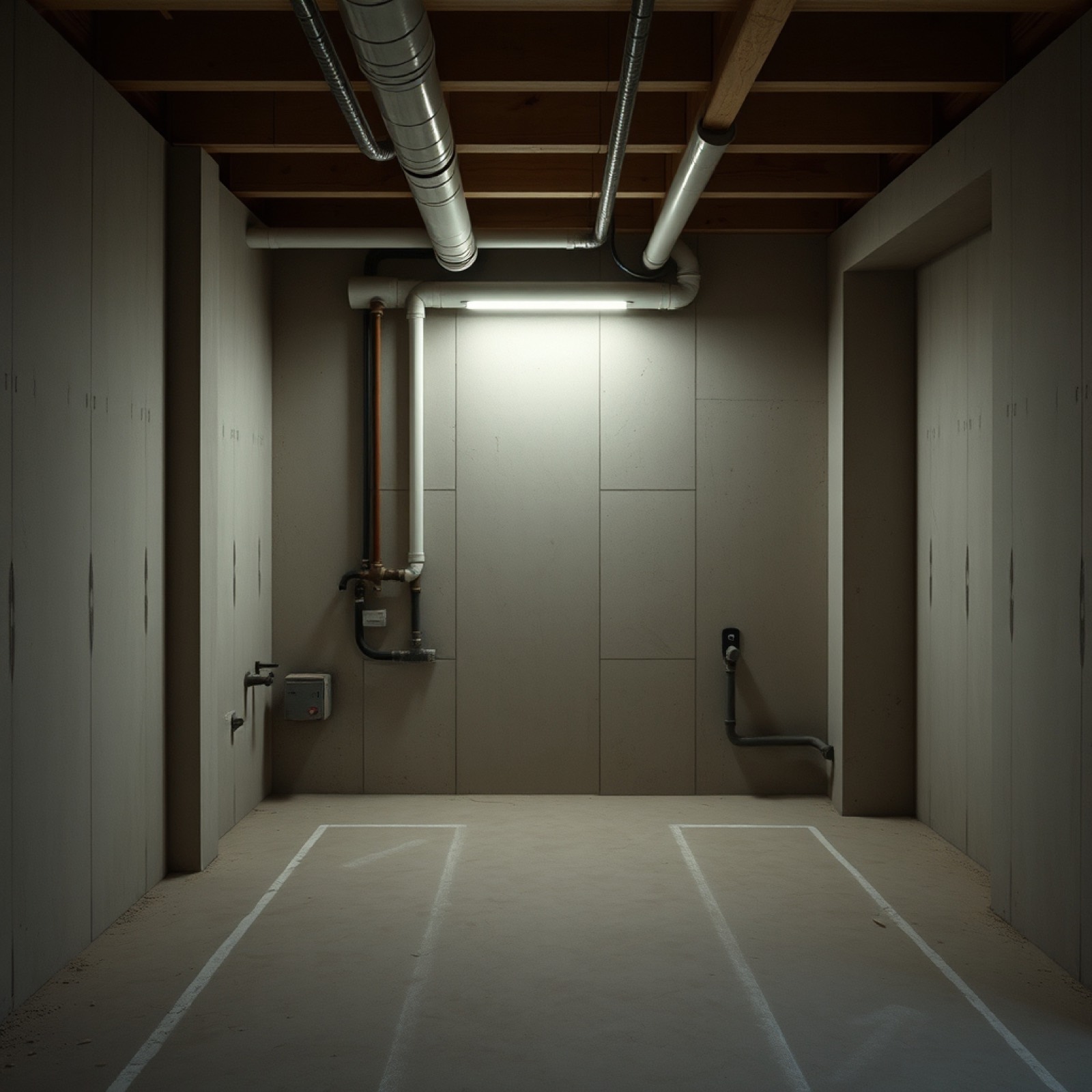 Leidingwerk en elektra in een gestript interieur, vóór het dichtzetten.