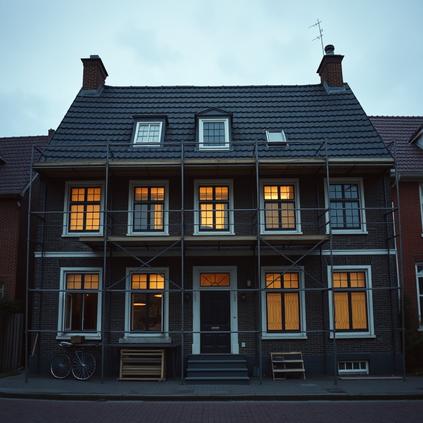 Woning met steiger tijdens gevel- en dakwerkzaamheden.