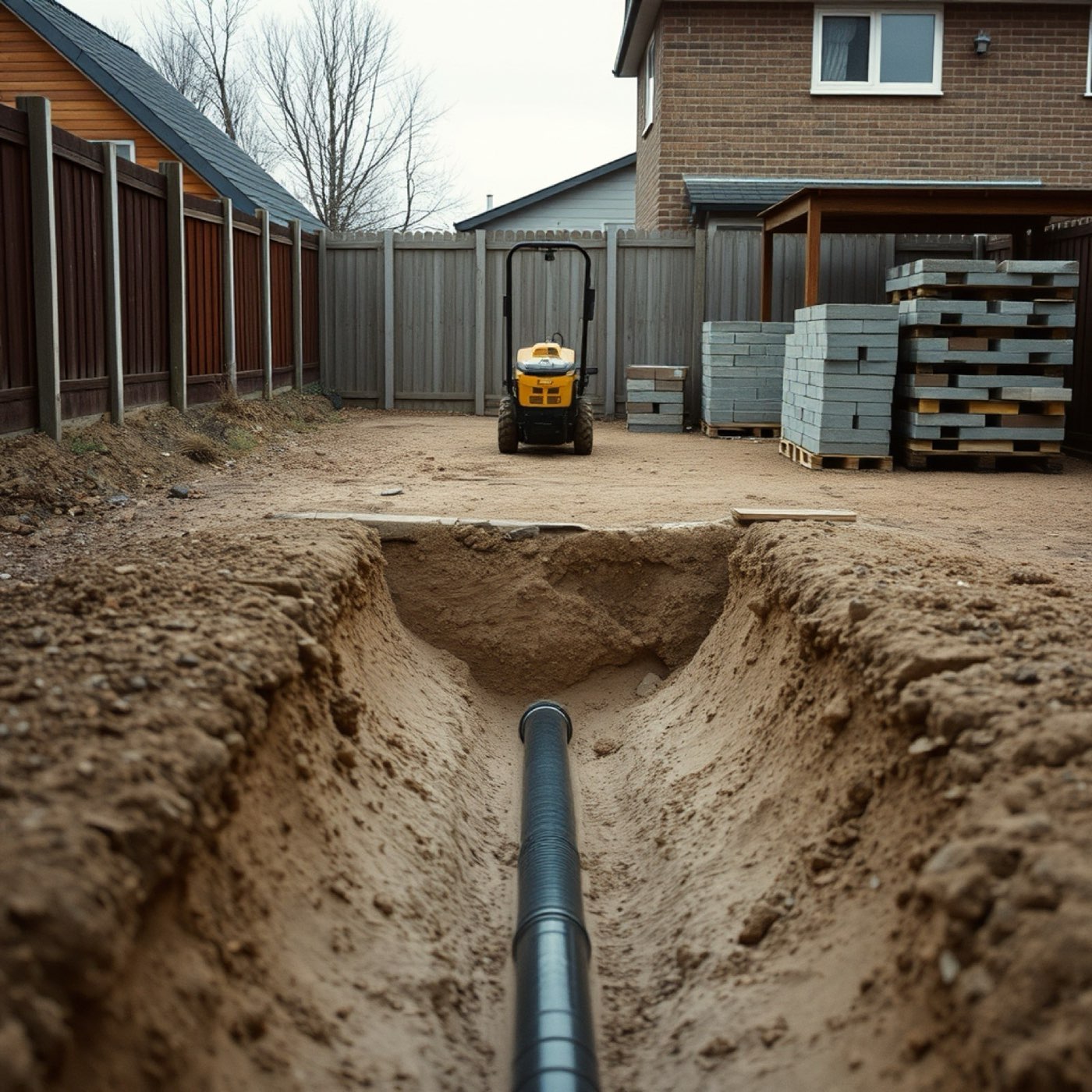 Uitgegraven tuin met verdichte zandbaan en drainagebuis in de sleuf.
