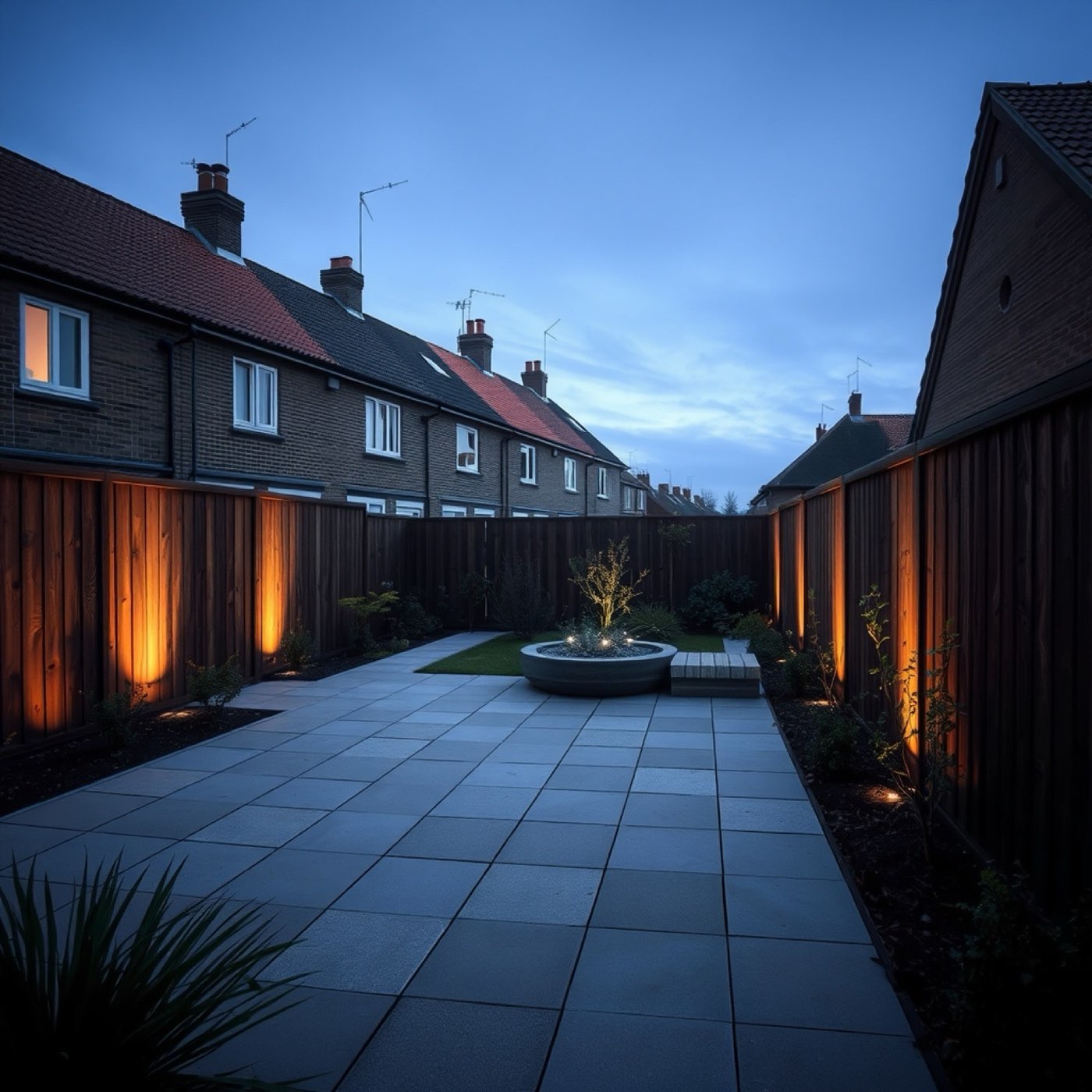 Aangelegde achtertuin met keramische bestrating en beplanting bij schemer.